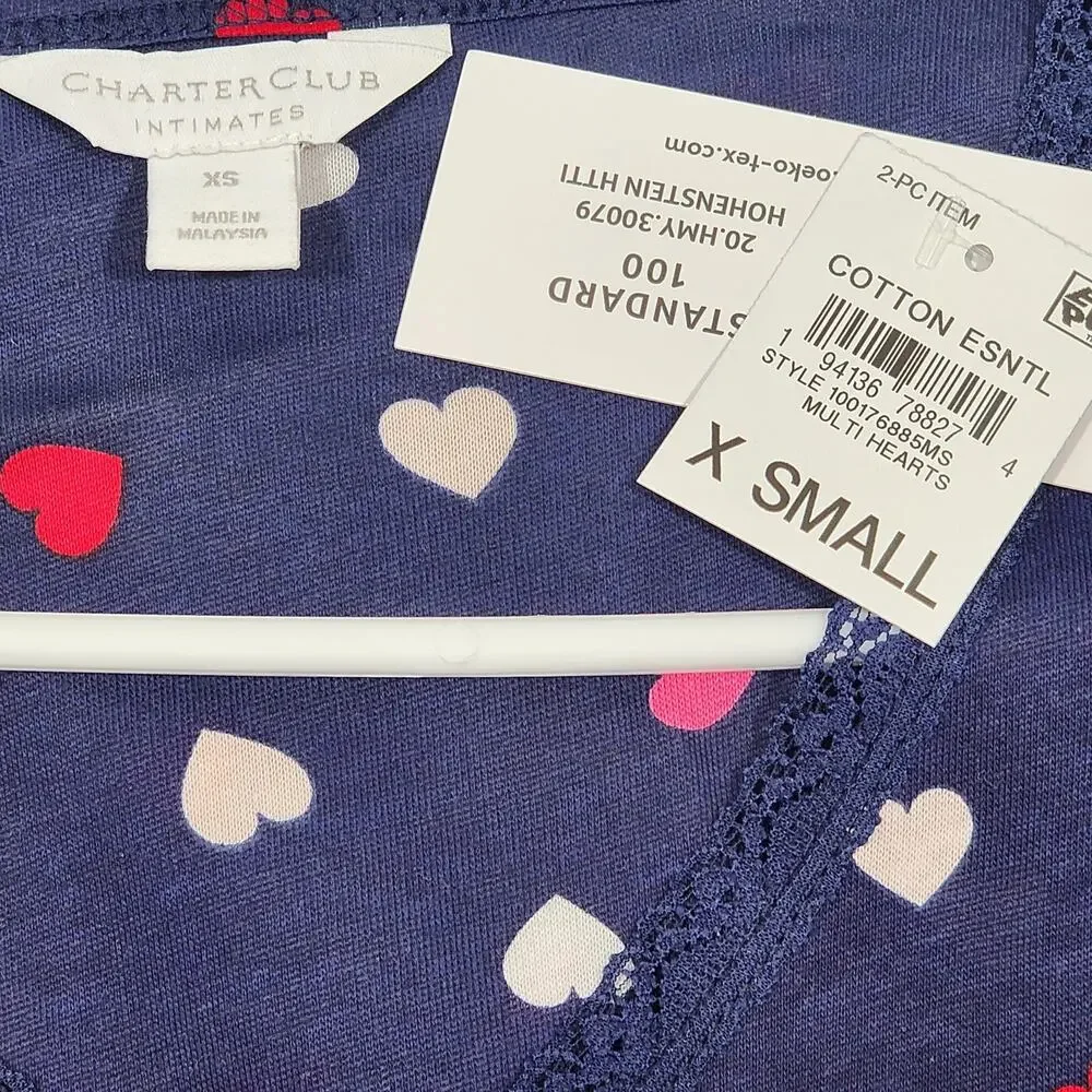Charter‎ Club Cotton Pajamas Set XS Long Sleeve Lace Trim Navy Blue Multi Hearts - Picture 5 of 8
